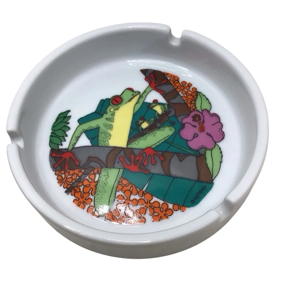 Vintage Costa Rica Souvenir Tree Frog Tropical Ashtrays Set of 2 Ceramic 5”